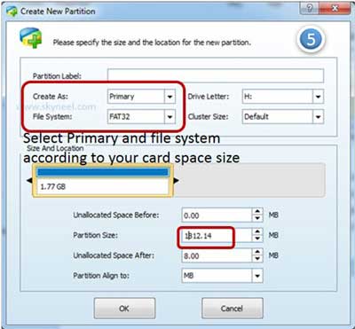 Process to set partition size in the Partition Tool