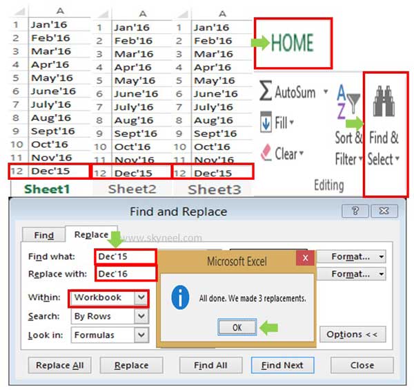 How to quickly replace across multiple worksheets or entire workbook